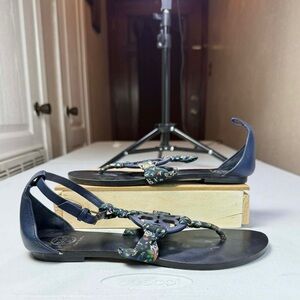 Tory Burch Miller Royal Navy Blue Satin Scarf Sandals $248 Size US 7.5 damage